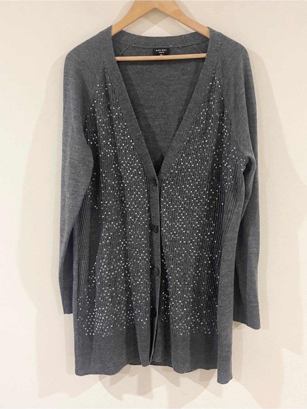 Nine West Gray Embellished V-Neck Cardigan Sweater Wool Blend Plus Size 2X